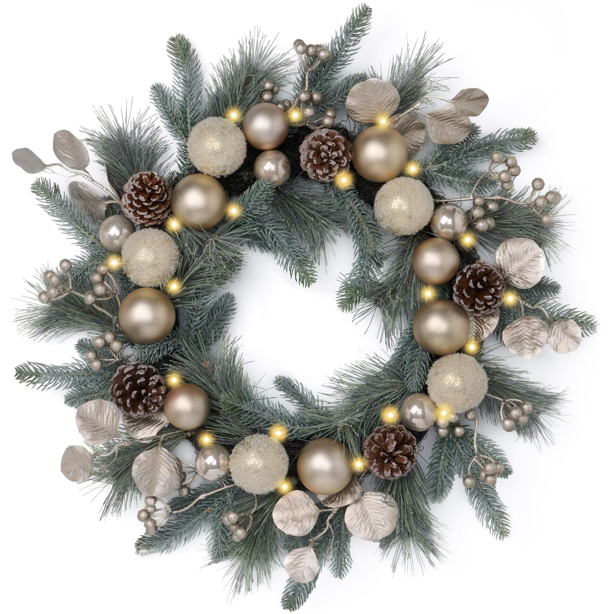 Valery Madelyn Pre-Lit Christmas Wreath for Front Door with Lights, 20 Inch Large Chritsmas Wreath with Pine Cone White Xmas Balls for Fireplace Window Outdoor Table Centerpiece Christmas Ornament