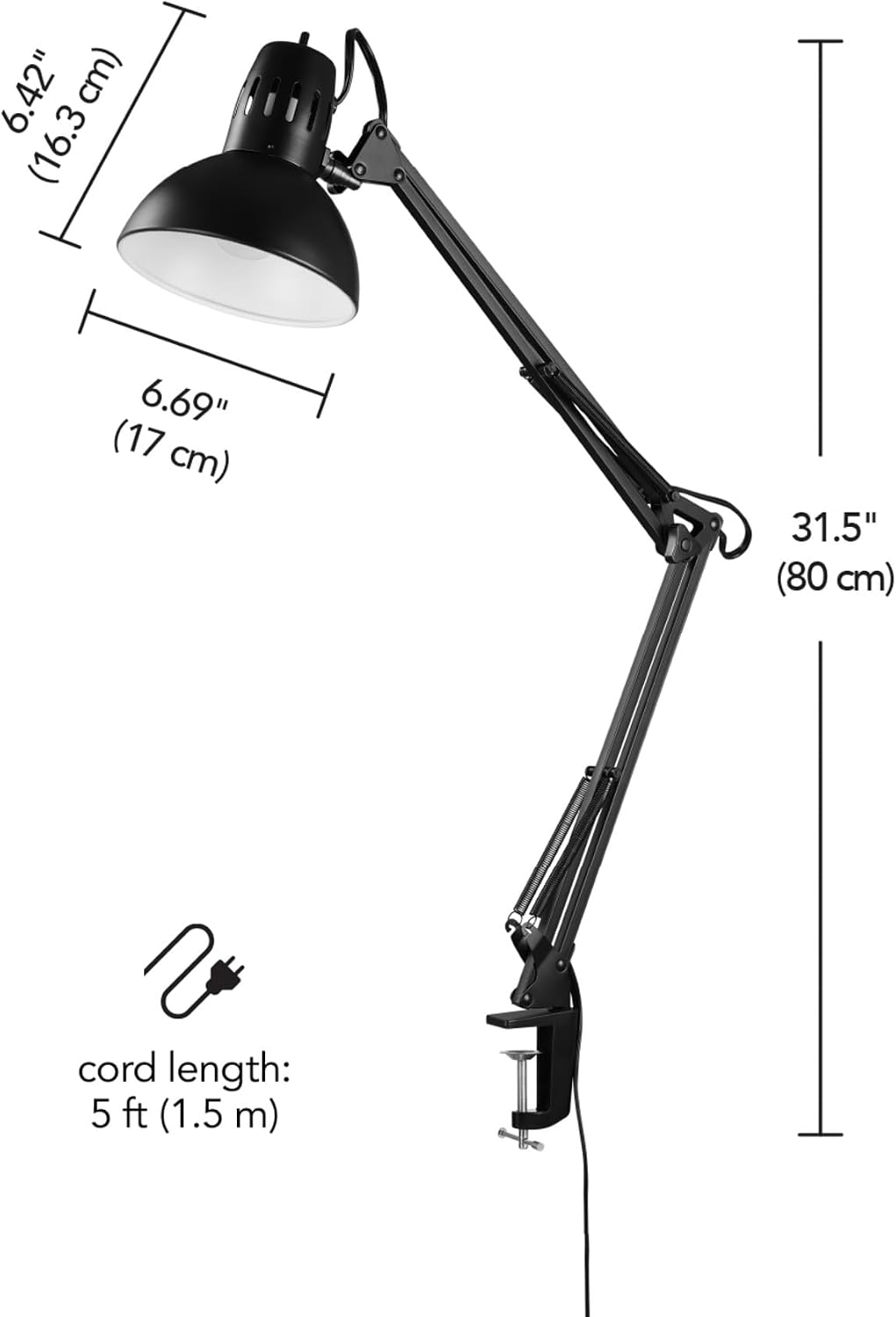 Globe Electric 56963 32" Multi-Joint Desk Lamp, Metal Clamp, Black, On/Off Rotary Switch on Shade, Partially Adjustable Swing Arm, Home Office Accessories, Lamp for Bedroom, Home Improvement