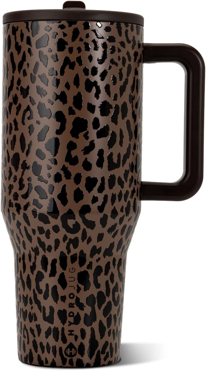 HydroJug Traveler 32oz, Insulated Water Bottle with Handle, Brown Leopard