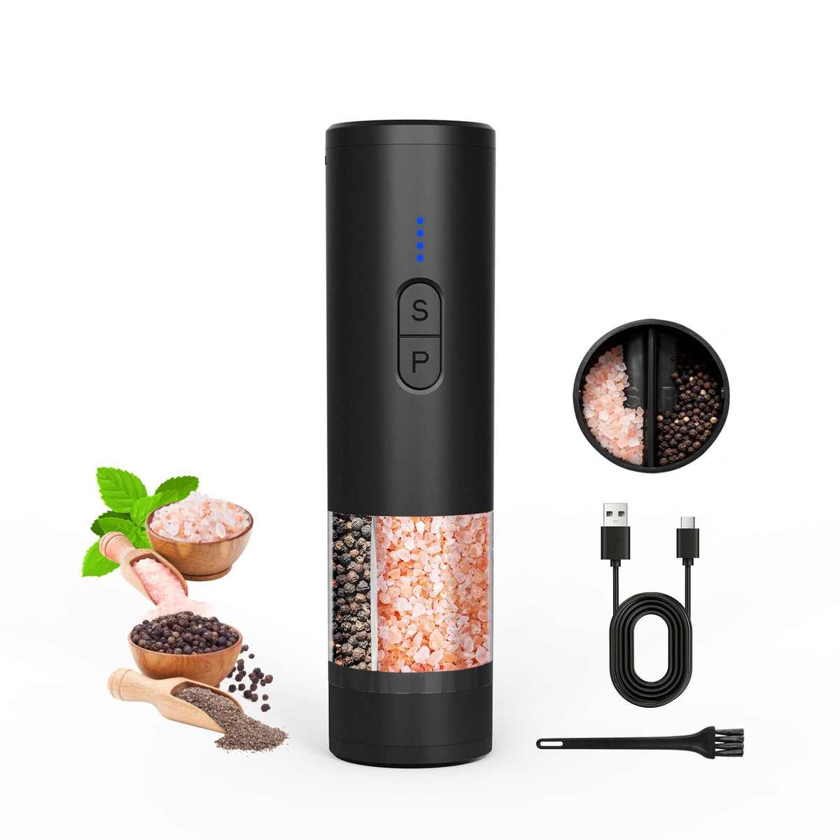 Electric Salt and Pepper Grinder Set, Battery Display & Storage Base, Black