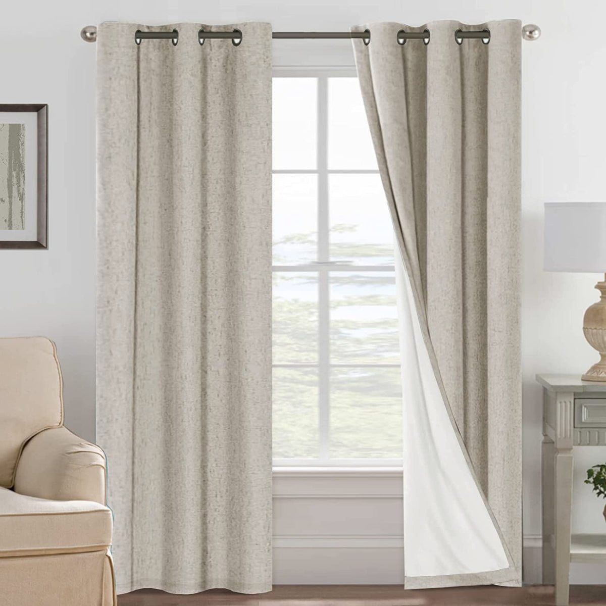 H.VERSAILTEX Linen Blackout Curtains 108 Inch Long 100% Blackout Heavy-Duty Draperies for Living Room Bedroom Thermal Insulated Textured Window Treatment Anti Rust Grommet, 2 Panels, Bright White