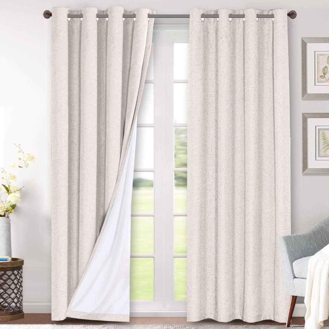 H.VERSAILTEX Linen Blackout Curtains 108 Inch Long 100% Blackout Heavy-Duty Draperies for Living Room Bedroom Thermal Insulated Textured Window Treatment Anti Rust Grommet, 2 Panels, Bright White