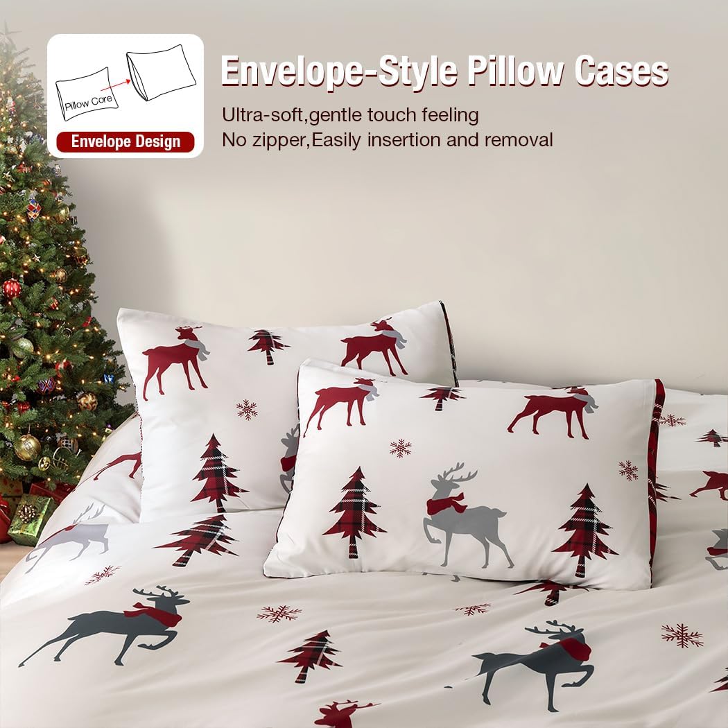 Conworld Christmas Duvet Cover Queen Size Set, Soft Reversible Red Plaid Reindeer Snowflake Printed Holiday Bedding Set with Zipper Closure, Corner Ties, 2 Pillowcases, 1 Duvet Cover 90x90 inches
