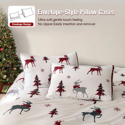 Conworld Christmas Duvet Cover Queen Size Set, Soft Reversible Red Plaid Reindeer Snowflake Printed Holiday Bedding Set with Zipper Closure, Corner Ties, 2 Pillowcases, 1 Duvet Cover 90x90 inches