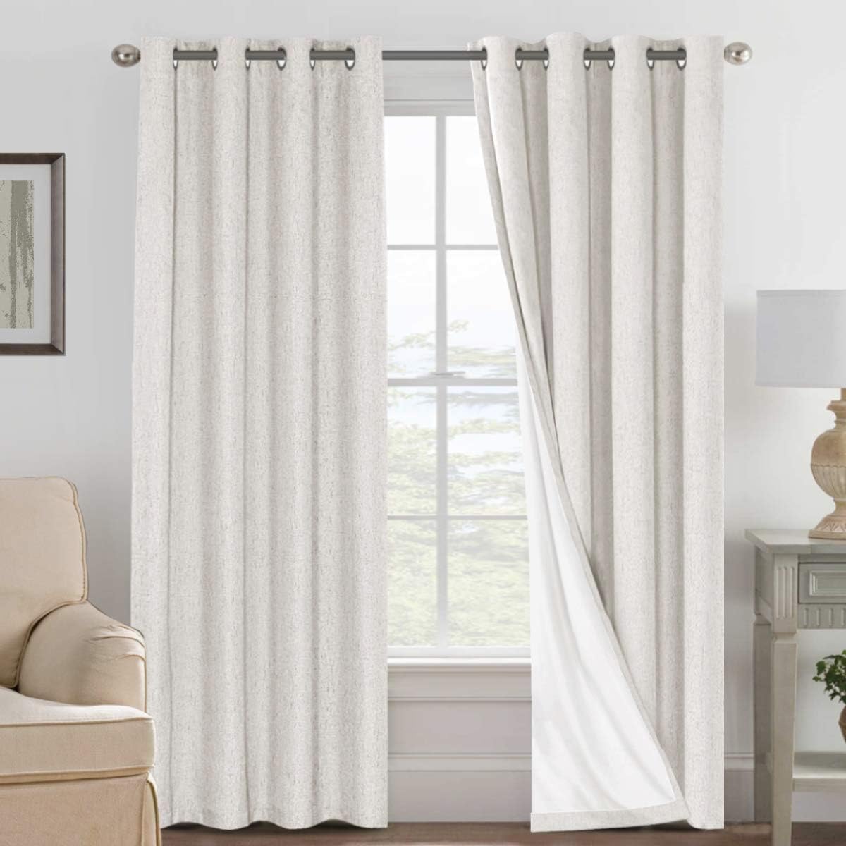 H.VERSAILTEX Linen Blackout Curtains 108 Inch Long 100% Blackout Heavy-Duty Draperies for Living Room Bedroom Thermal Insulated Textured Window Treatment Anti Rust Grommet, 2 Panels, Bright White