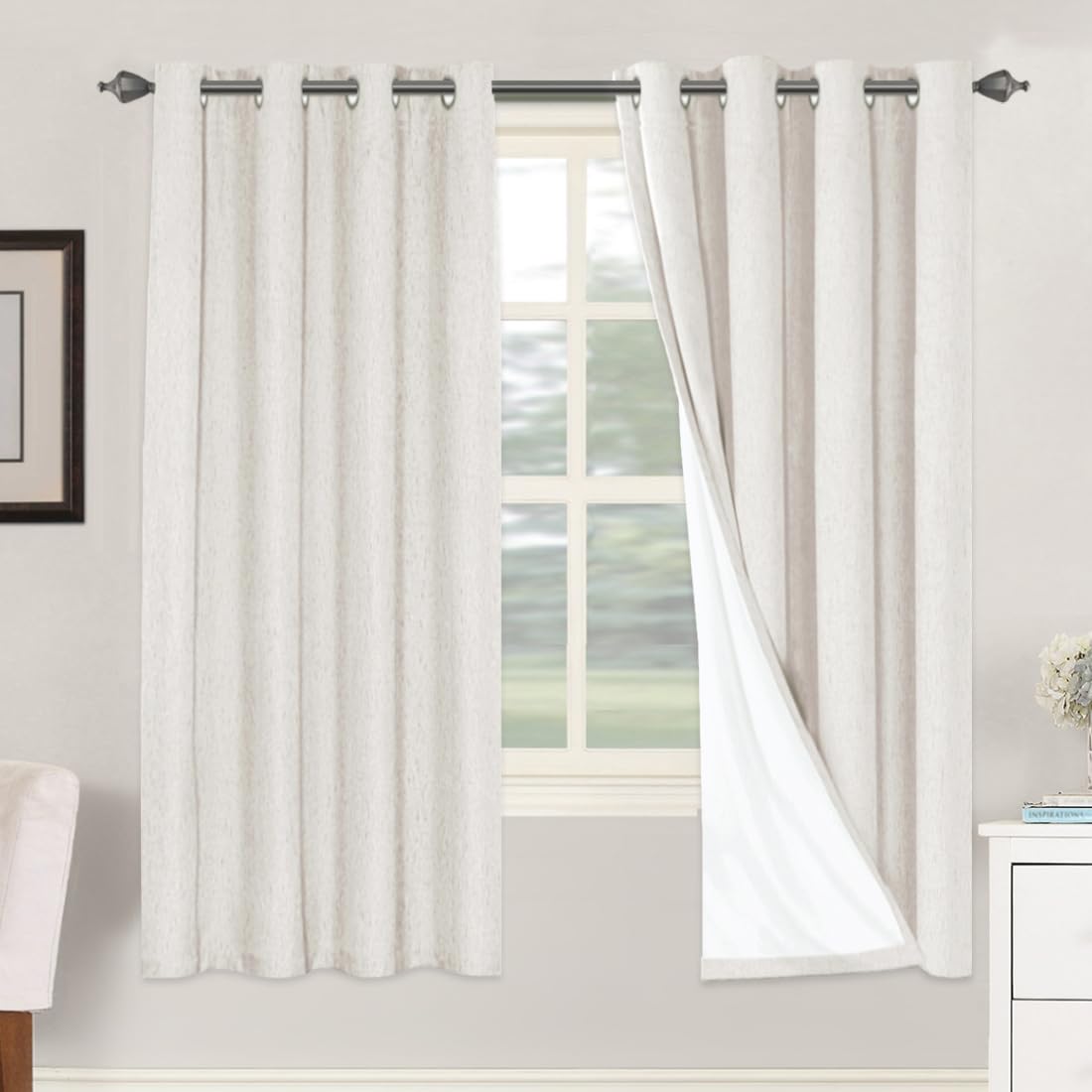 H.VERSAILTEX Linen Blackout Curtains 108 Inch Long 100% Blackout Heavy-Duty Draperies for Living Room Bedroom Thermal Insulated Textured Window Treatment Anti Rust Grommet, 2 Panels, Bright White