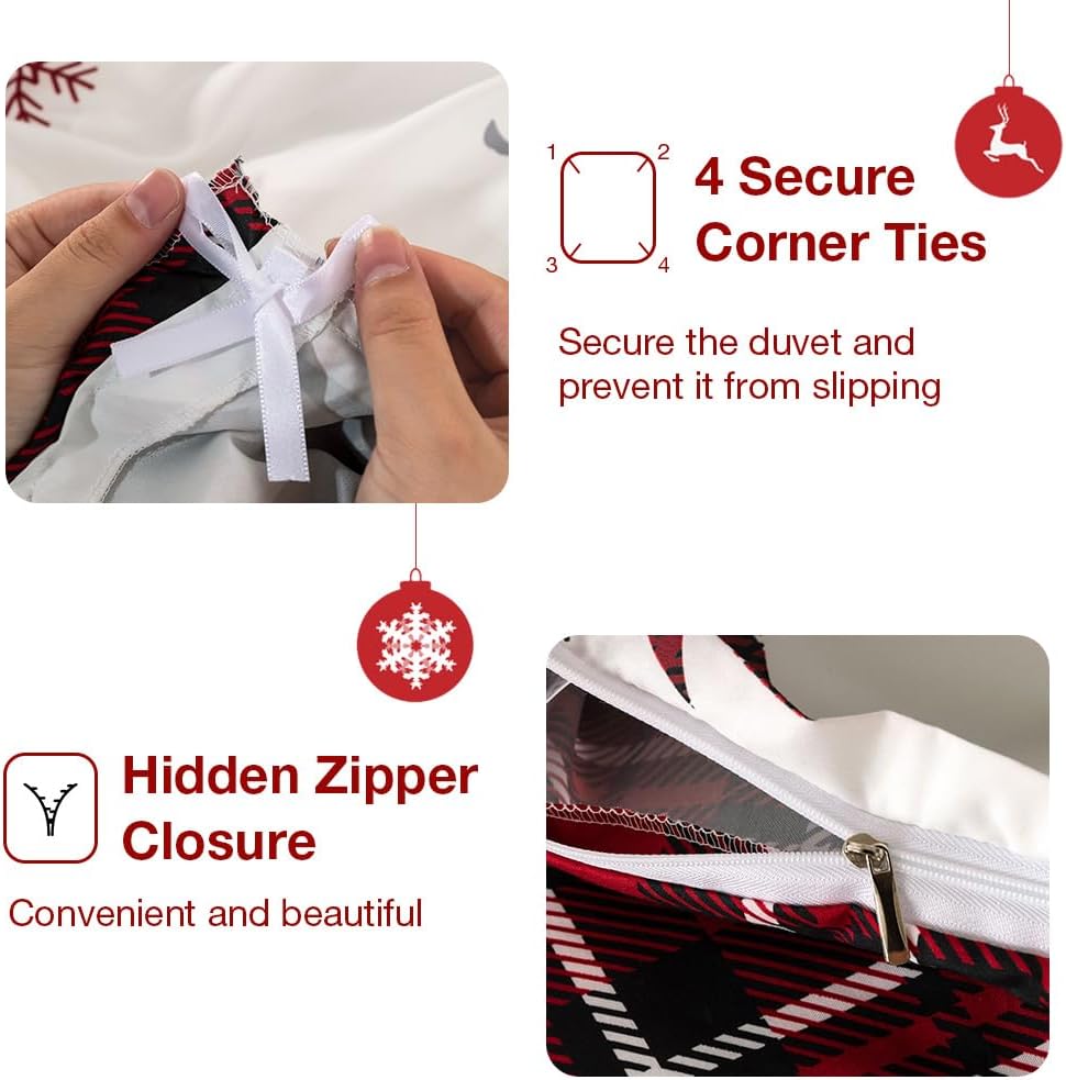 Conworld Christmas Duvet Cover Queen Size Set, Soft Reversible Red Plaid Reindeer Snowflake Printed Holiday Bedding Set with Zipper Closure, Corner Ties, 2 Pillowcases, 1 Duvet Cover 90x90 inches