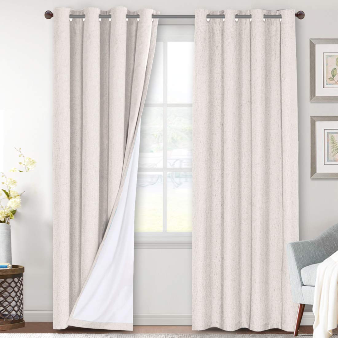 H.VERSAILTEX Linen Blackout Curtains 108 Inch Long 100% Blackout Heavy-Duty Draperies for Living Room Bedroom Thermal Insulated Textured Window Treatment Anti Rust Grommet, 2 Panels, Bright White
