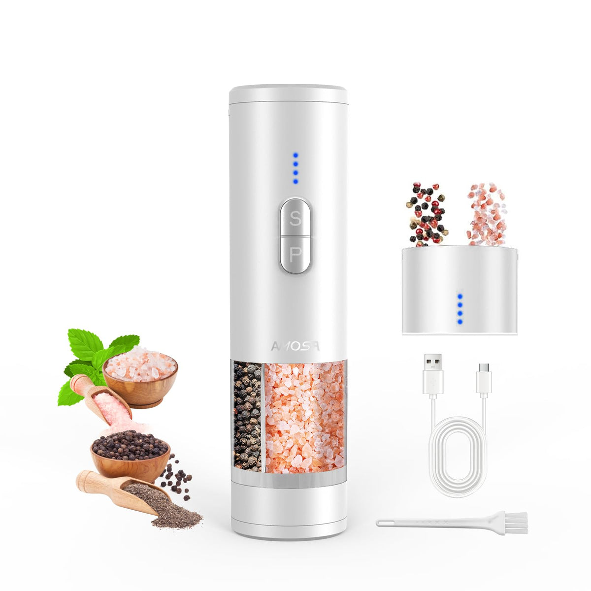 Electric Salt and Pepper Grinder Set, Battery Display & Storage Base, Black