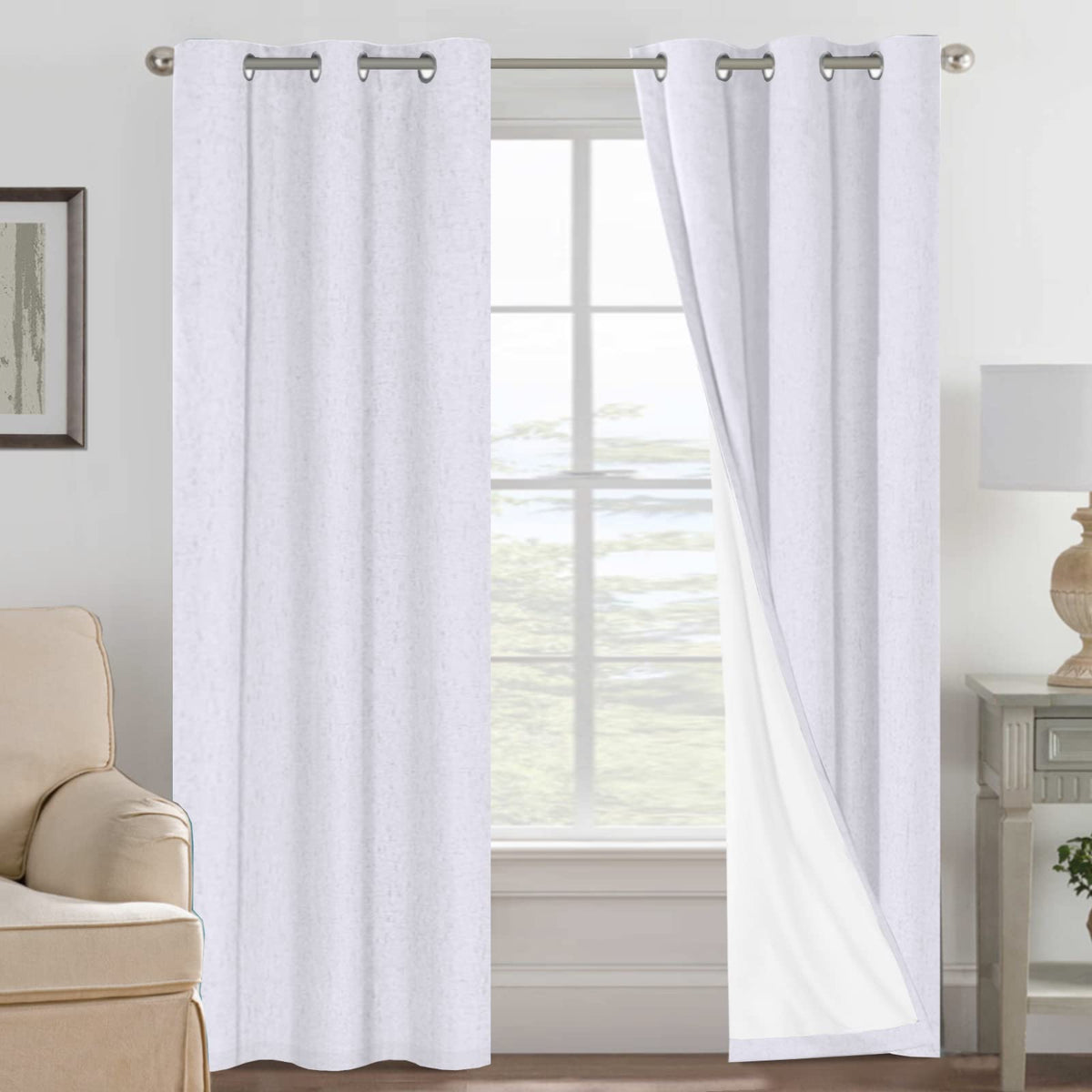 H.VERSAILTEX Linen Blackout Curtains 108 Inch Long 100% Blackout Heavy-Duty Draperies for Living Room Bedroom Thermal Insulated Textured Window Treatment Anti Rust Grommet, 2 Panels, Bright White