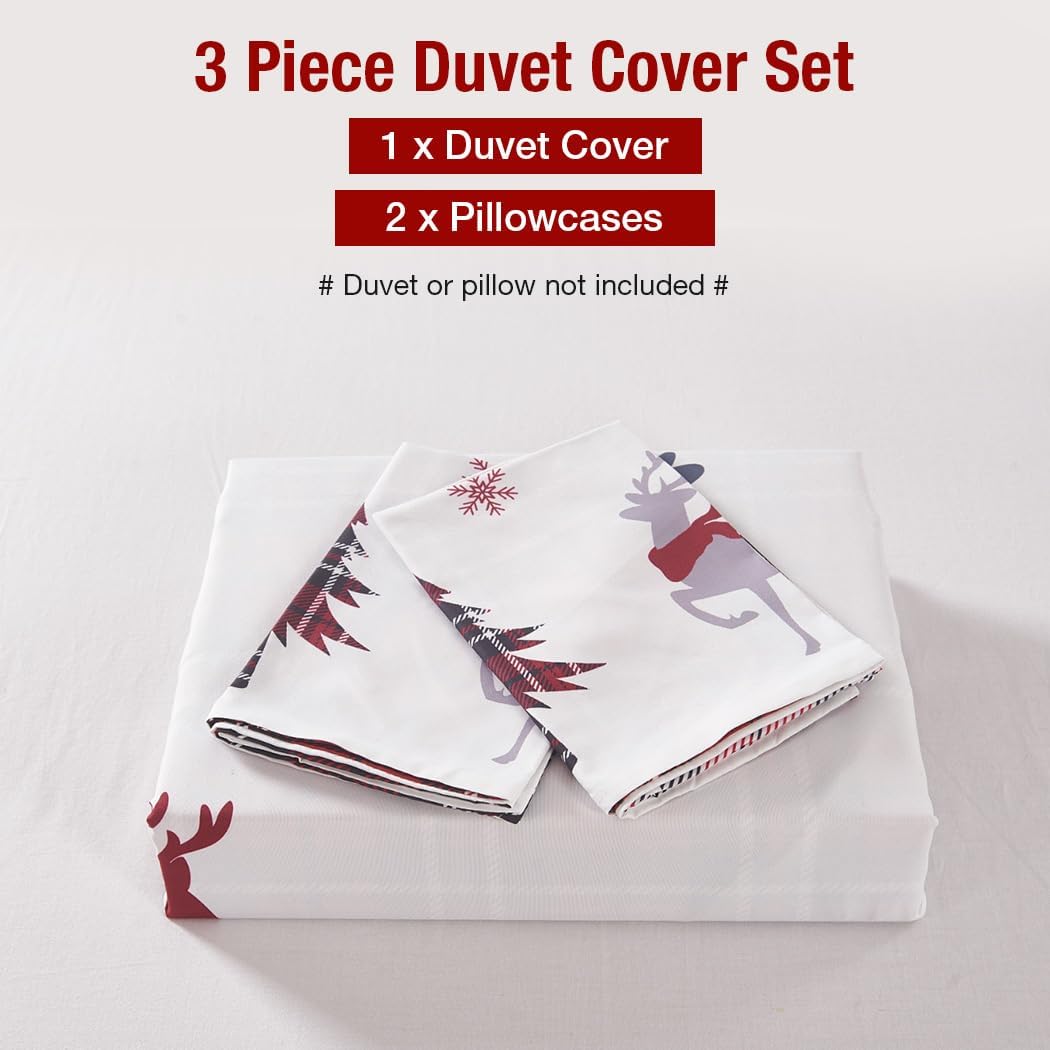 Conworld Christmas Duvet Cover Queen Size Set, Soft Reversible Red Plaid Reindeer Snowflake Printed Holiday Bedding Set with Zipper Closure, Corner Ties, 2 Pillowcases, 1 Duvet Cover 90x90 inches
