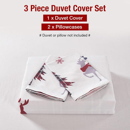 Conworld Christmas Duvet Cover Queen Size Set, Soft Reversible Red Plaid Reindeer Snowflake Printed Holiday Bedding Set with Zipper Closure, Corner Ties, 2 Pillowcases, 1 Duvet Cover 90x90 inches