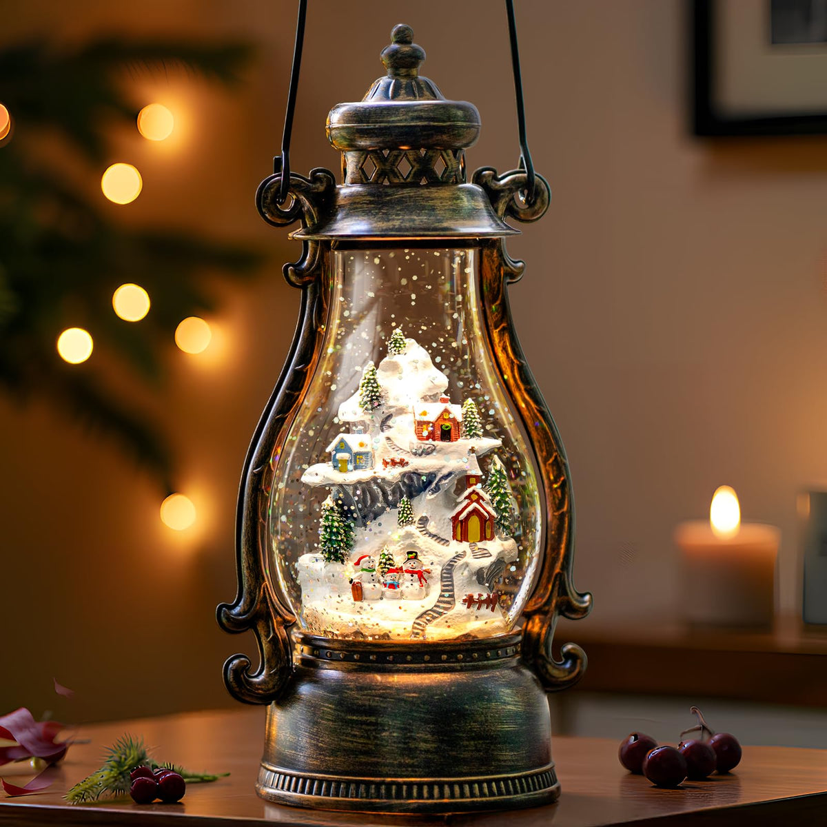 Christmas Snow Globe Lantern Water Glittering Cardinal with Music, USB Lined/Battery Operated Lighted Lantern for Christmas Festival Decoration Gifts