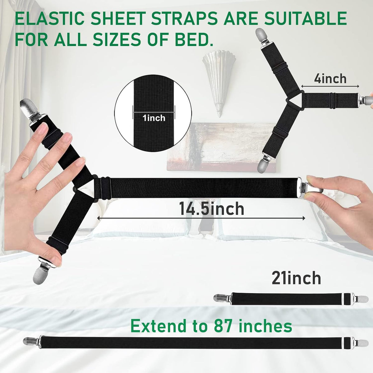 Sheet Straps Set 5 PCS. Bed Sheet Clips for Corners, Bed Sheet Holder Bed Scrunchie Elastic Adjustable Bedsheet Fasteners, Triangle Fitted Sheet Clips to Hold Sheets in Place (Black)