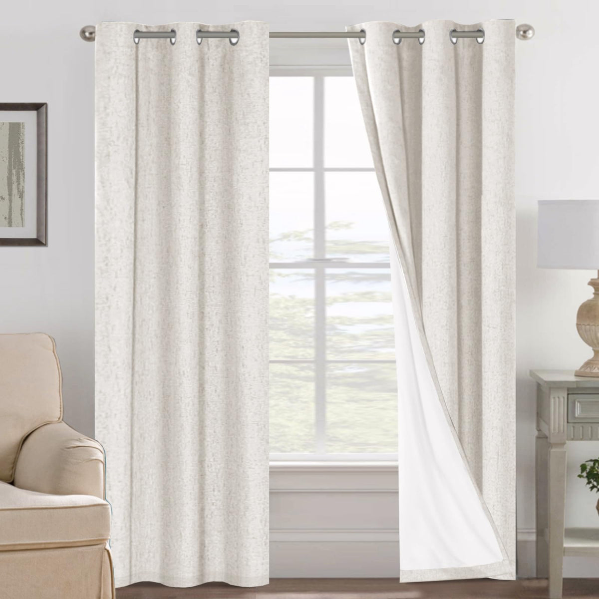 H.VERSAILTEX Linen Blackout Curtains 108 Inch Long 100% Blackout Heavy-Duty Draperies for Living Room Bedroom Thermal Insulated Textured Window Treatment Anti Rust Grommet, 2 Panels, Bright White