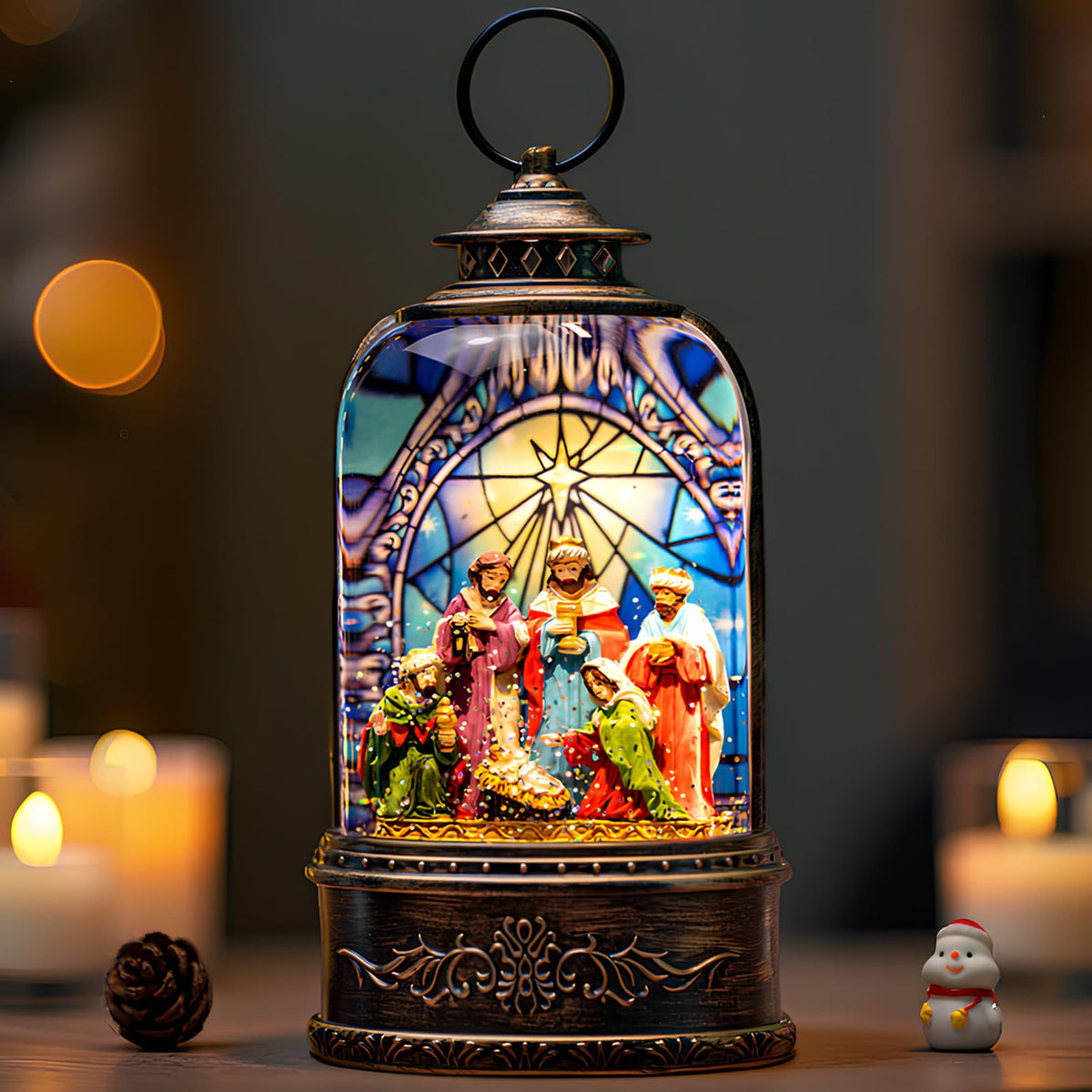 Christmas Snow Globe Lantern Water Glittering Cardinal with Music, USB Lined/Battery Operated Lighted Lantern for Christmas Festival Decoration Gifts