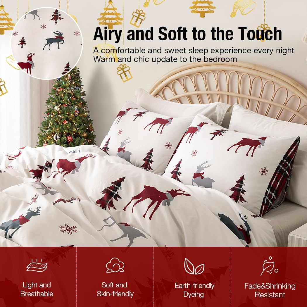 Conworld Christmas Duvet Cover Queen Size Set, Soft Reversible Red Plaid Reindeer Snowflake Printed Holiday Bedding Set with Zipper Closure, Corner Ties, 2 Pillowcases, 1 Duvet Cover 90x90 inches