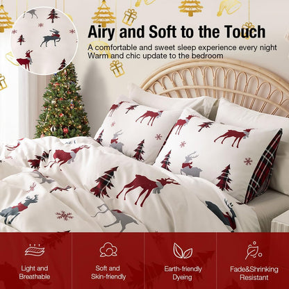 Conworld Christmas Duvet Cover Queen Size Set, Soft Reversible Red Plaid Reindeer Snowflake Printed Holiday Bedding Set with Zipper Closure, Corner Ties, 2 Pillowcases, 1 Duvet Cover 90x90 inches