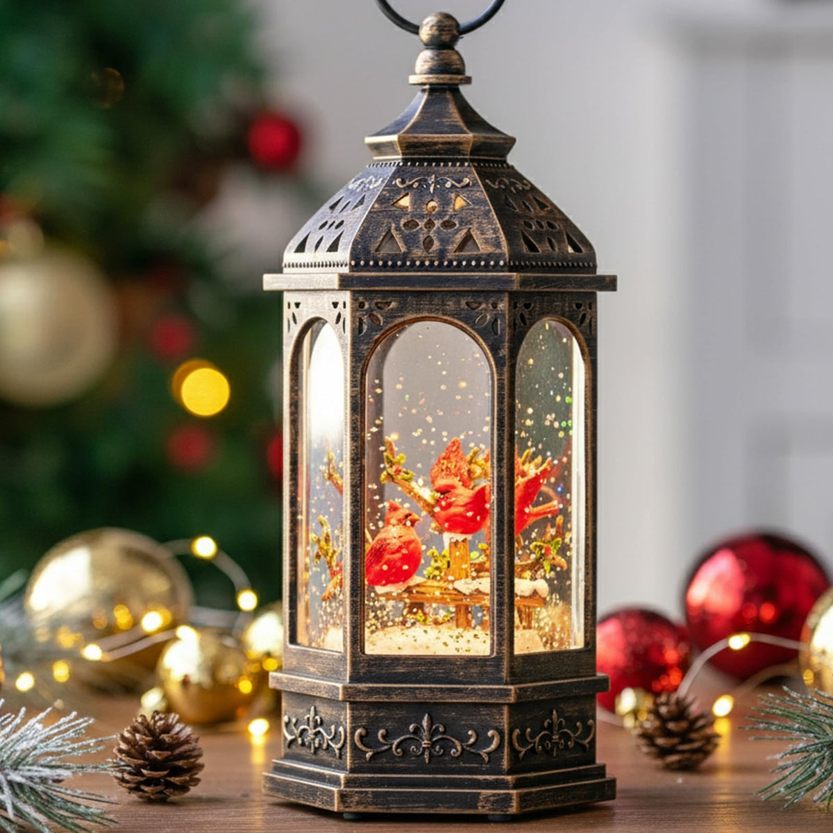 Christmas Snow Globe Lantern Water Glittering Cardinal with Music, USB Lined/Battery Operated Lighted Lantern for Christmas Festival Decoration Gifts
