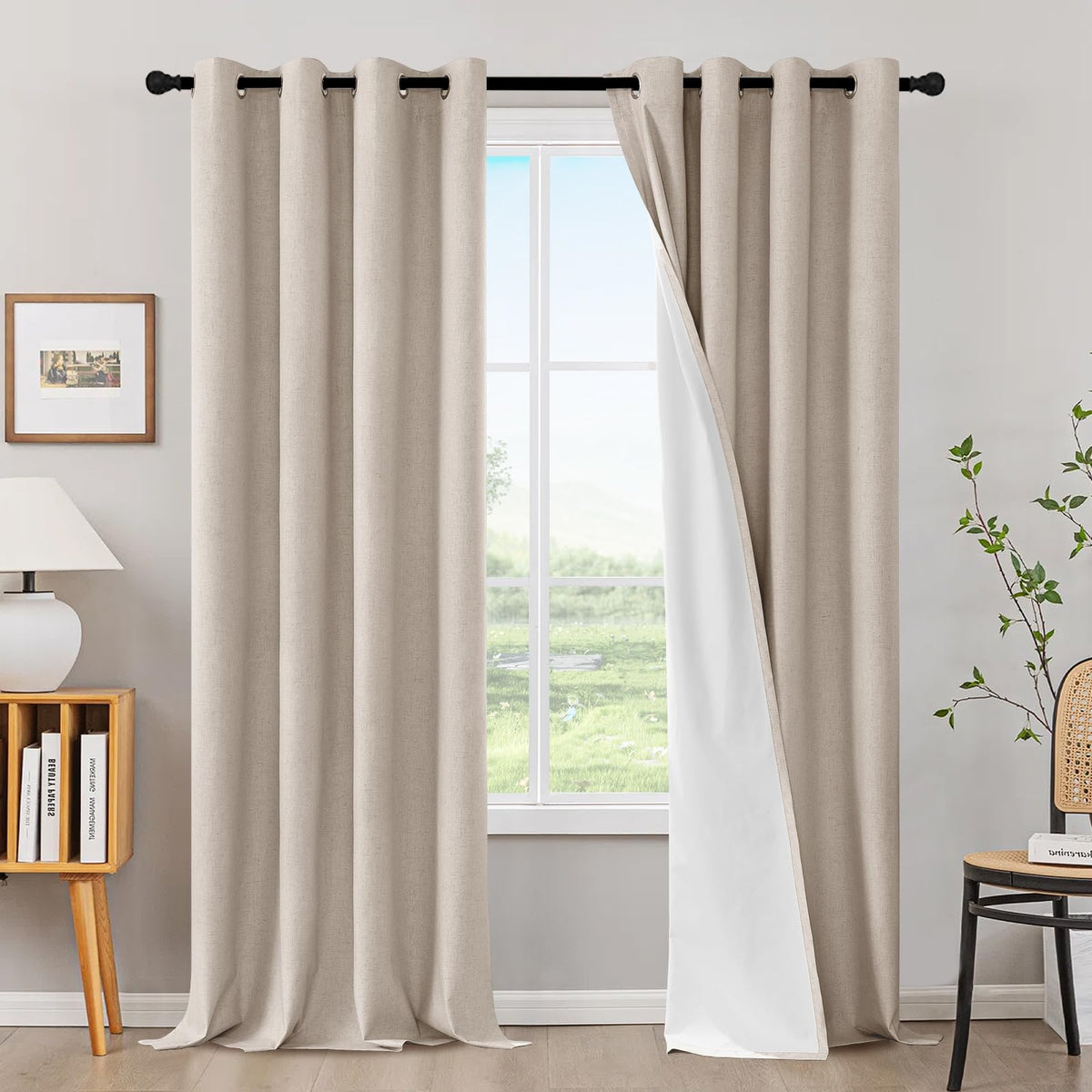 H.VERSAILTEX Linen Blackout Curtains 108 Inch Long 100% Blackout Heavy-Duty Draperies for Living Room Bedroom Thermal Insulated Textured Window Treatment Anti Rust Grommet, 2 Panels, Bright White