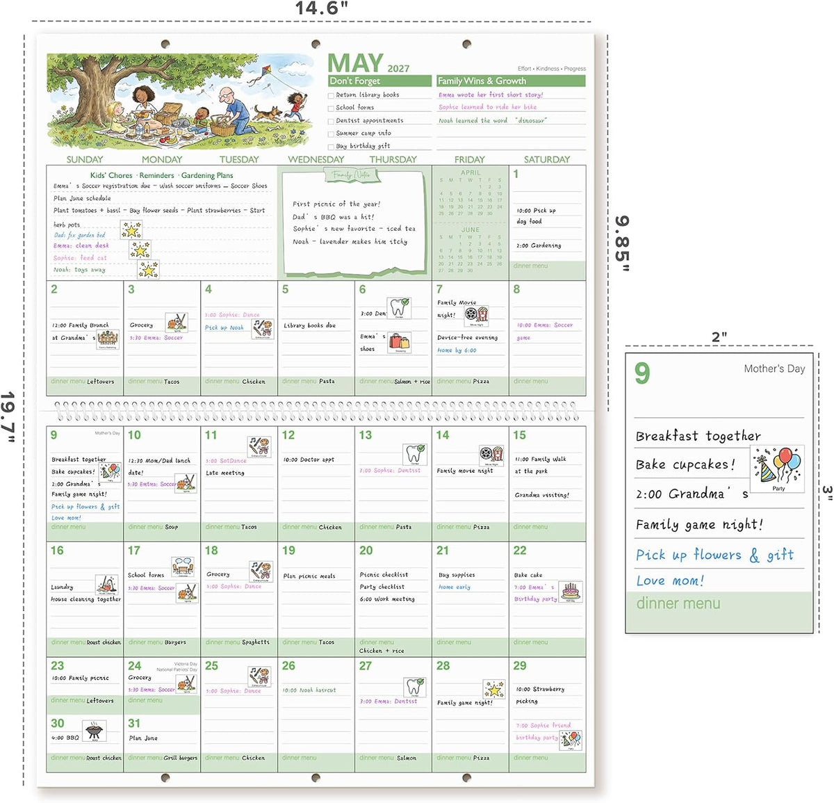 Family Calendar 2027 with 600 Stickers & Pocket, 14.6"x19.7"