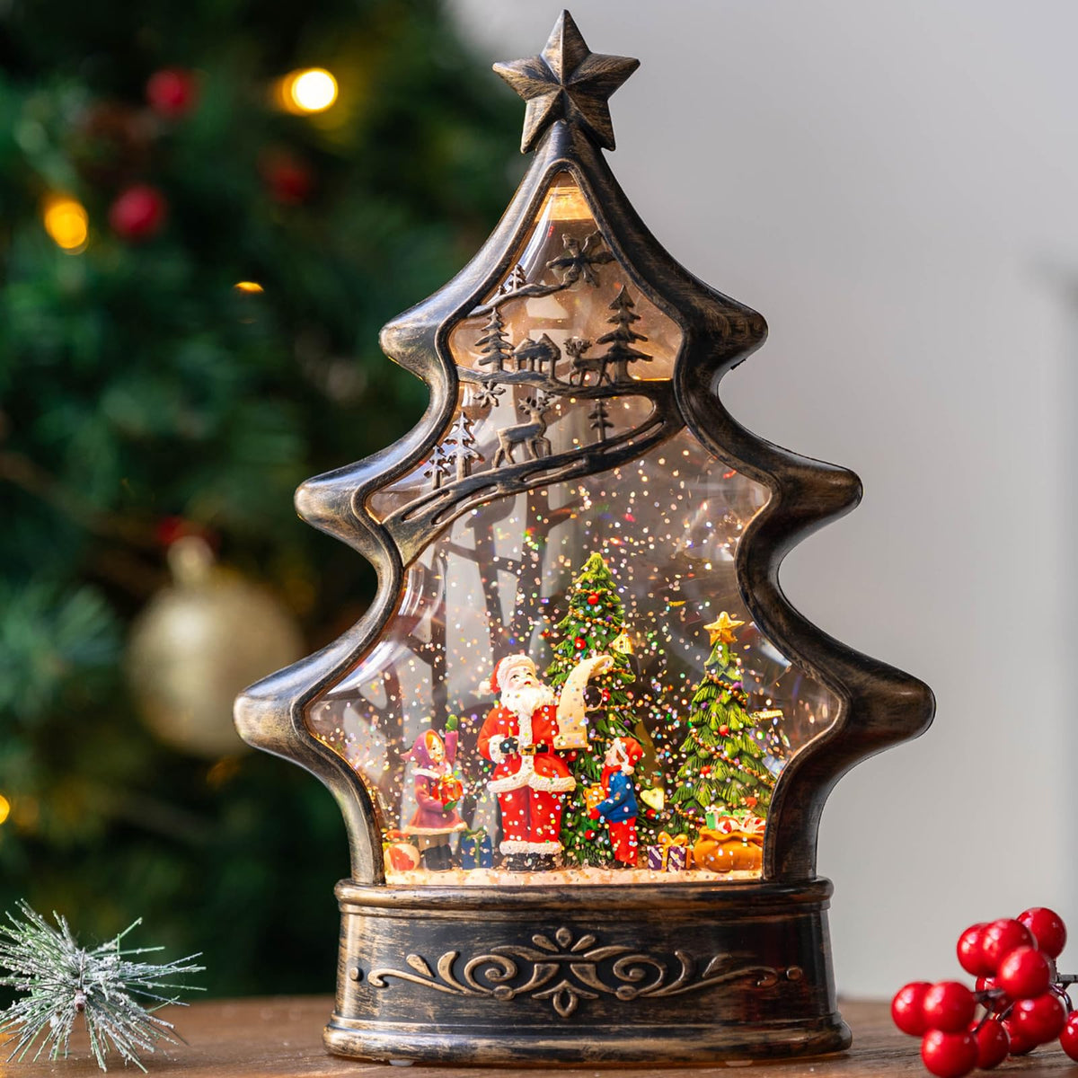 Christmas Snow Globe Lantern Water Glittering Cardinal with Music, USB Lined/Battery Operated Lighted Lantern for Christmas Festival Decoration Gifts