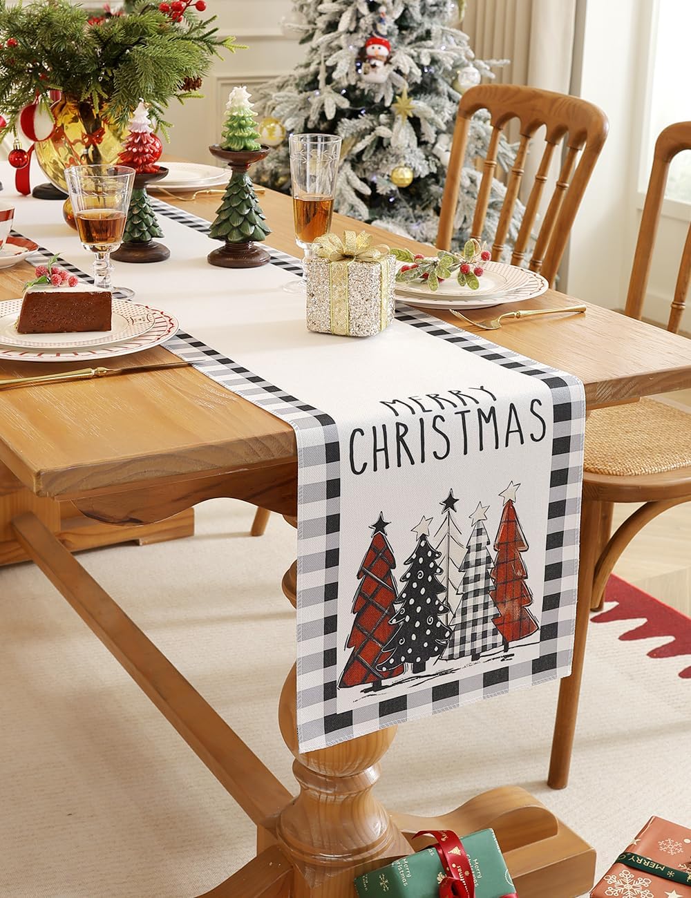 Set of 2 Christmas Table Runner, TOYPOPOR 2Pcs Buffalo Linen Christmas Trees Dining Table Runner for Xmas Holiday Seasonal Winter Decoration Indoor Outdoor Party Wedding - 72Inches