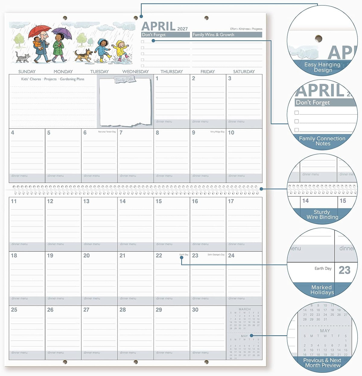 Family Calendar 2027 with 600 Stickers & Pocket, 14.6"x19.7"