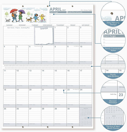 Family Calendar 2027 with 600 Stickers & Pocket, 14.6"x19.7"
