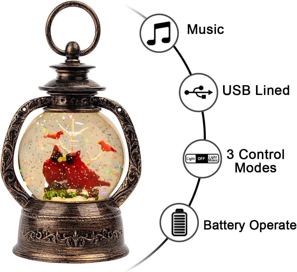 Christmas Snow Globe Lantern Water Glittering Cardinal with Music, USB Lined/Battery Operated Lighted Lantern for Christmas Festival Decoration Gifts