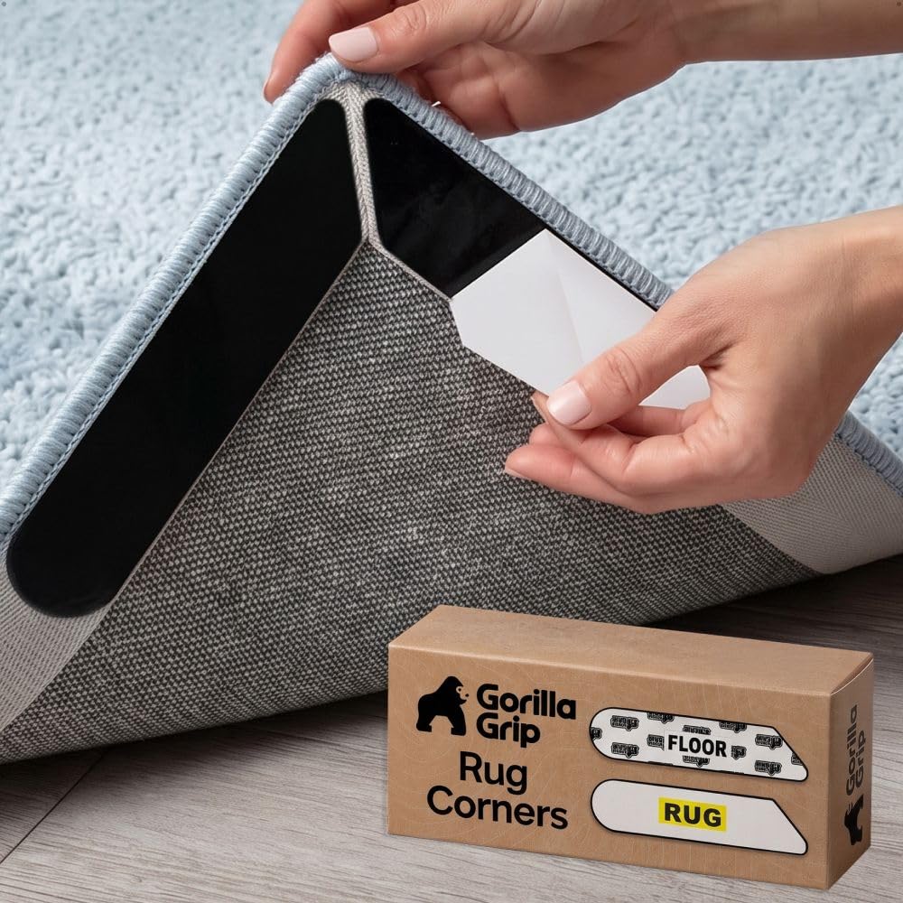 GORILLA GRIP Rug Gripper Pads Keep Area Rugs Corners from Curling, Reusable Double-Sided Stickers Holds Down Carpet in Place, Grips on Tile and Hardwood Floors Helps Prevent Sliding, Home Décor, 8 Pcs