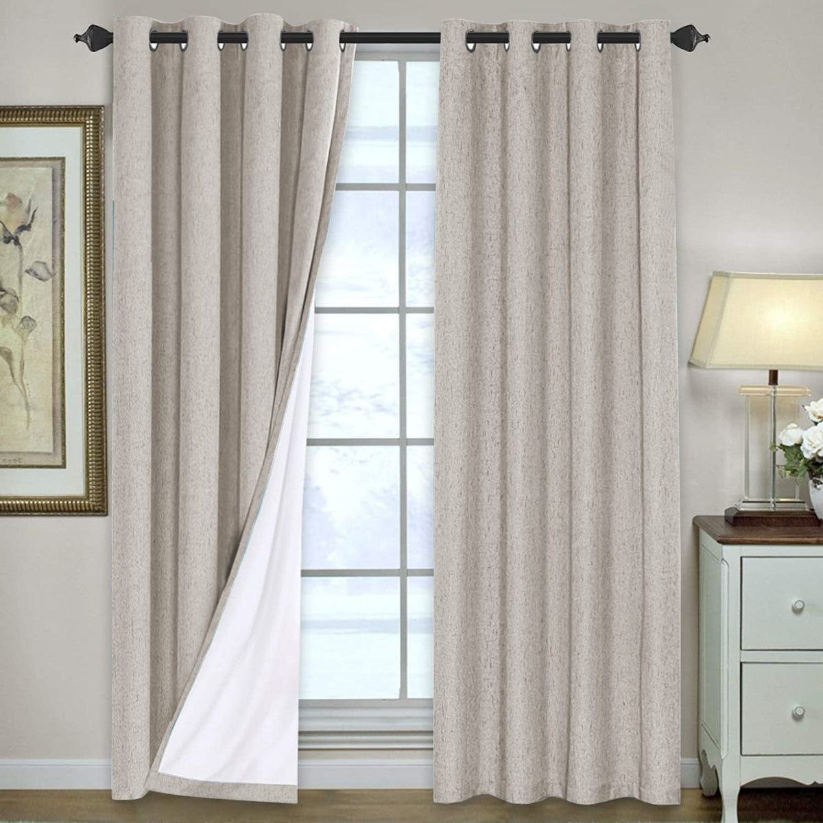 H.VERSAILTEX Linen Blackout Curtains 108 Inch Long 100% Blackout Heavy-Duty Draperies for Living Room Bedroom Thermal Insulated Textured Window Treatment Anti Rust Grommet, 2 Panels, Bright White