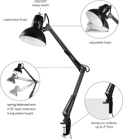 Globe Electric 56963 32" Multi-Joint Desk Lamp, Metal Clamp, Black, On/Off Rotary Switch on Shade, Partially Adjustable Swing Arm, Home Office Accessories, Lamp for Bedroom, Home Improvement