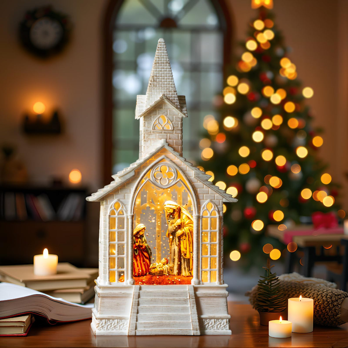 Christmas Snow Globe Lantern Water Glittering Cardinal with Music, USB Lined/Battery Operated Lighted Lantern for Christmas Festival Decoration Gifts