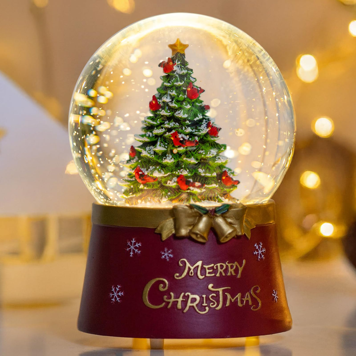 Christmas Snow Globe Lantern Water Glittering Cardinal with Music, USB Lined/Battery Operated Lighted Lantern for Christmas Festival Decoration Gifts