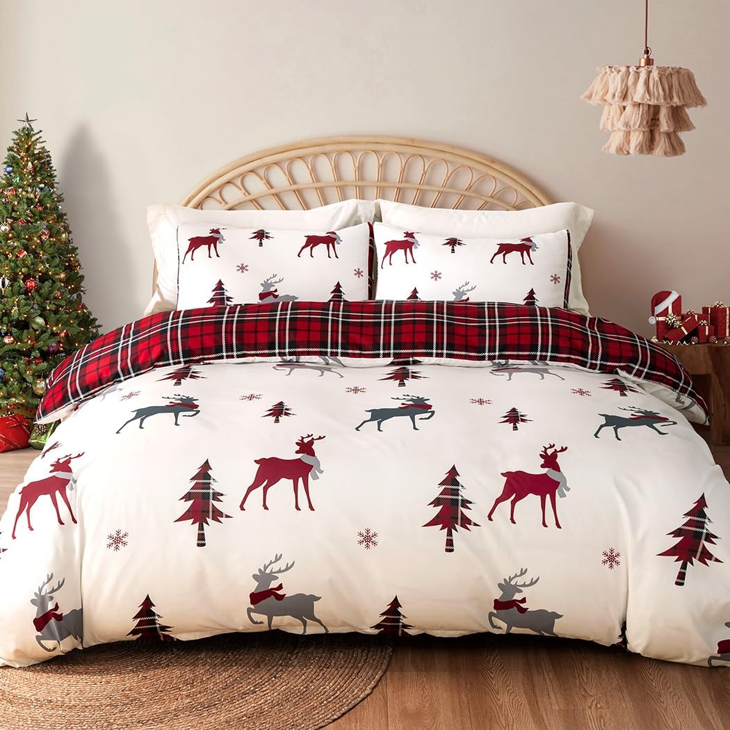 Conworld Christmas Duvet Cover Queen Size Set, Soft Reversible Red Plaid Reindeer Snowflake Printed Holiday Bedding Set with Zipper Closure, Corner Ties, 2 Pillowcases, 1 Duvet Cover 90x90 inches