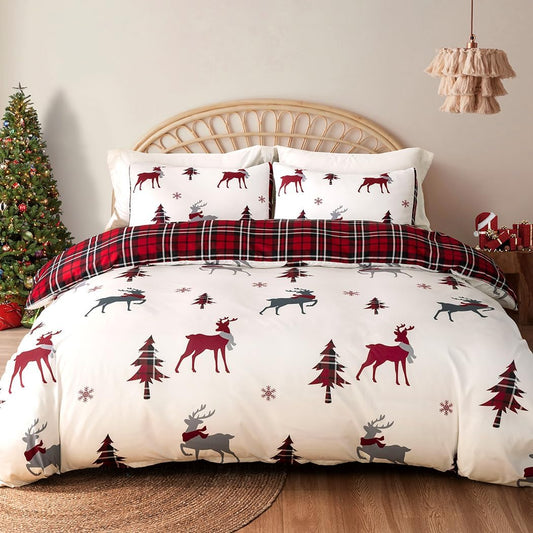 Conworld Christmas Duvet Cover Queen Size Set, Soft Reversible Red Plaid Reindeer Snowflake Printed Holiday Bedding Set with Zipper Closure, Corner Ties, 2 Pillowcases, 1 Duvet Cover 90x90 inches