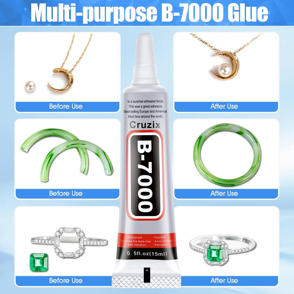 B-7000 Glue, Multipurpose Craft Glue Industrial Strength Adhesive Clear Semi Fluid for Bonding Phone Screen Tablet Jewelry Rhinestones DIY Electronic Components Repair Glass Metal (4x15 ml/0.5 oz)