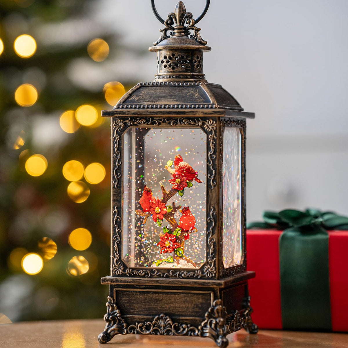 Christmas Snow Globe Lantern Water Glittering Cardinal with Music, USB Lined/Battery Operated Lighted Lantern for Christmas Festival Decoration Gifts