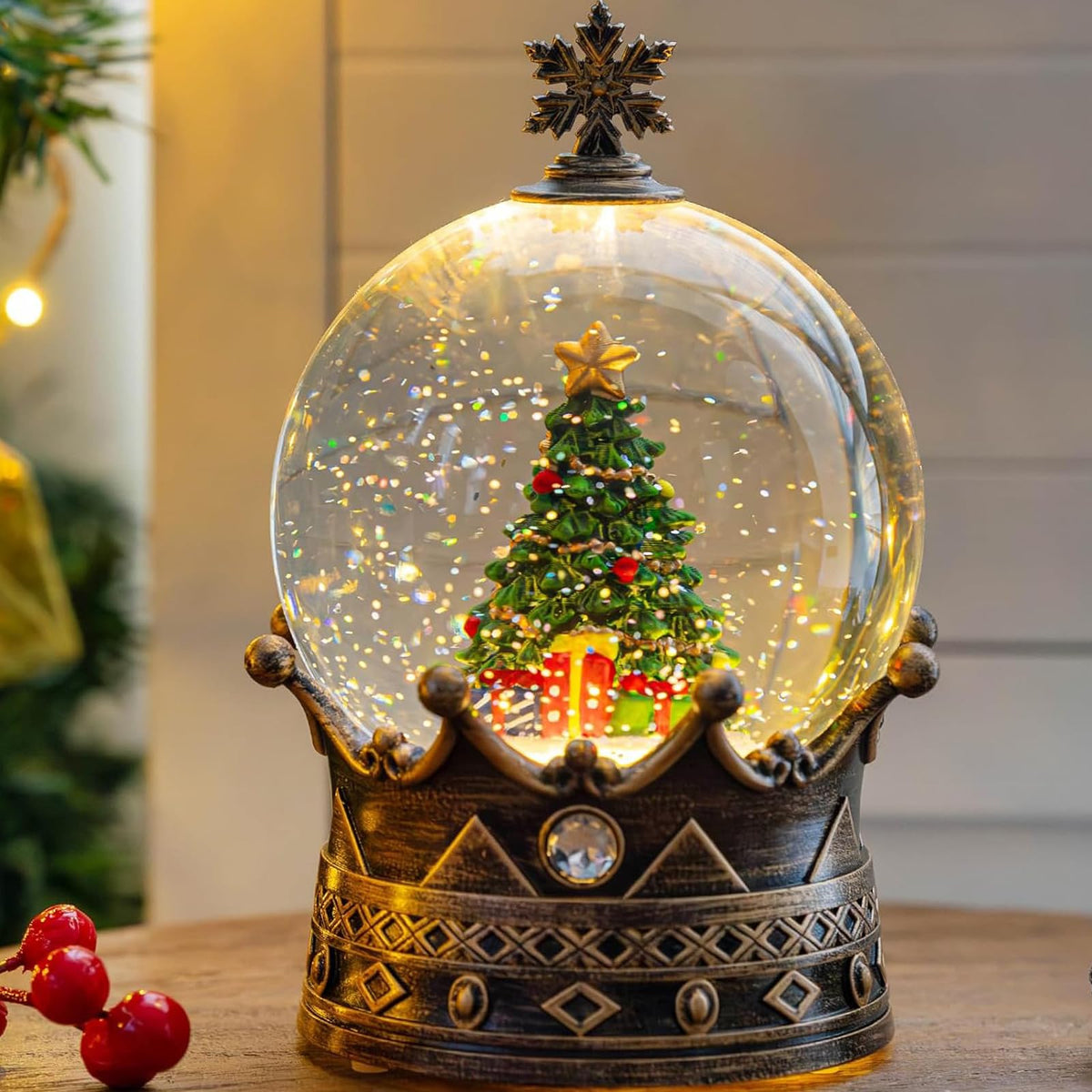 Christmas Snow Globe Lantern Water Glittering Cardinal with Music, USB Lined/Battery Operated Lighted Lantern for Christmas Festival Decoration Gifts
