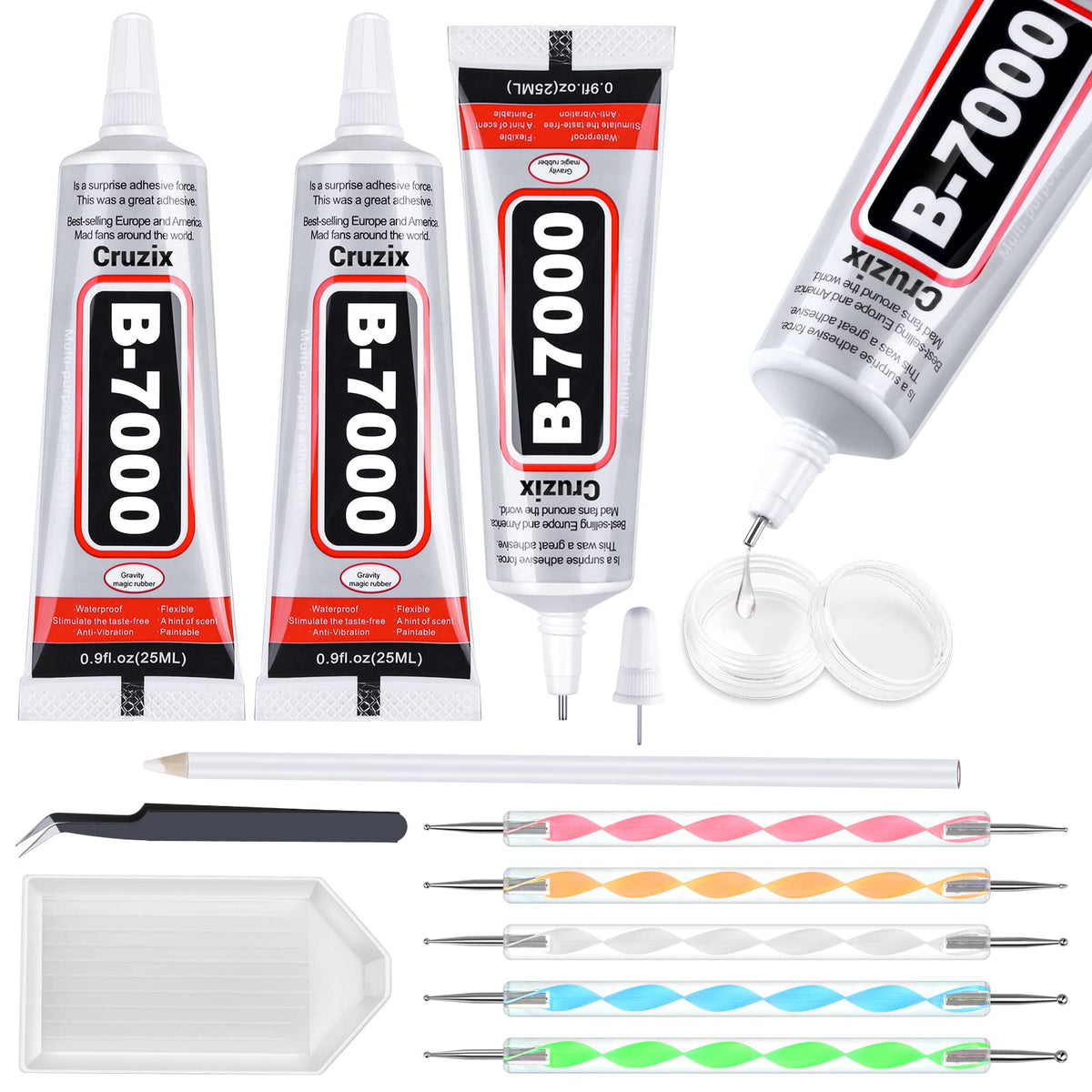 B-7000 Glue, Multipurpose Craft Glue Industrial Strength Adhesive Clear Semi Fluid for Bonding Phone Screen Tablet Jewelry Rhinestones DIY Electronic Components Repair Glass Metal (4x15 ml/0.5 oz)