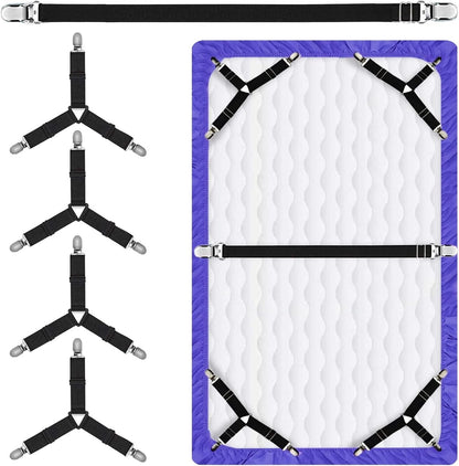 Sheet Straps Set 5 PCS. Bed Sheet Clips for Corners, Bed Sheet Holder Bed Scrunchie Elastic Adjustable Bedsheet Fasteners, Triangle Fitted Sheet Clips to Hold Sheets in Place (Black)