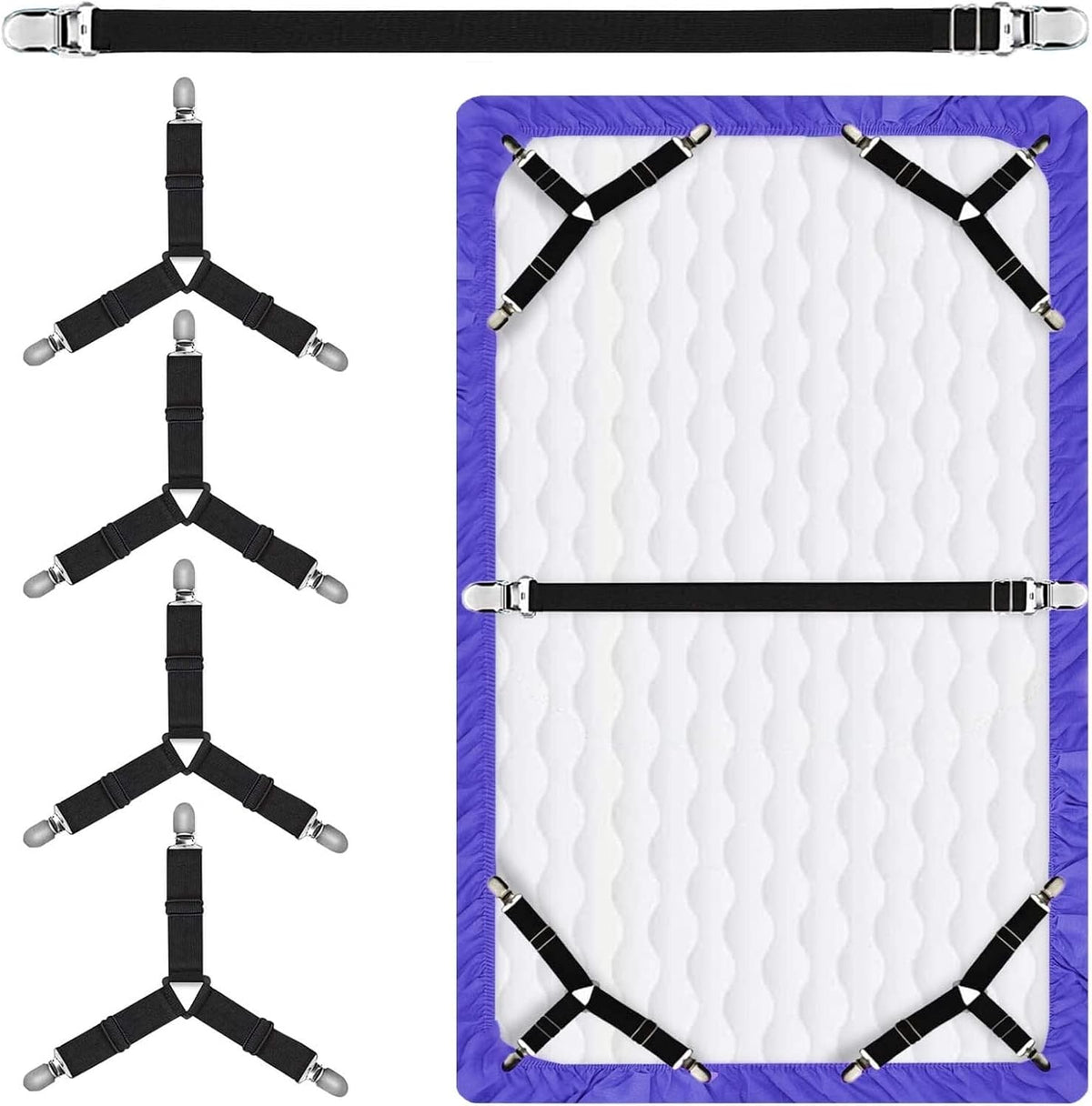 Sheet Straps Set 5 PCS. Bed Sheet Clips for Corners, Bed Sheet Holder Bed Scrunchie Elastic Adjustable Bedsheet Fasteners, Triangle Fitted Sheet Clips to Hold Sheets in Place (Black)