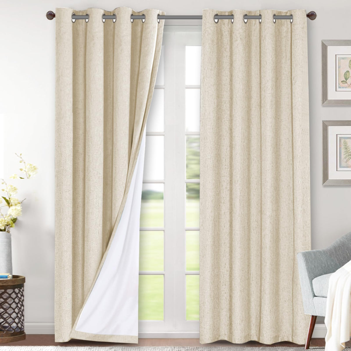 H.VERSAILTEX Linen Blackout Curtains 108 Inch Long 100% Blackout Heavy-Duty Draperies for Living Room Bedroom Thermal Insulated Textured Window Treatment Anti Rust Grommet, 2 Panels, Bright White