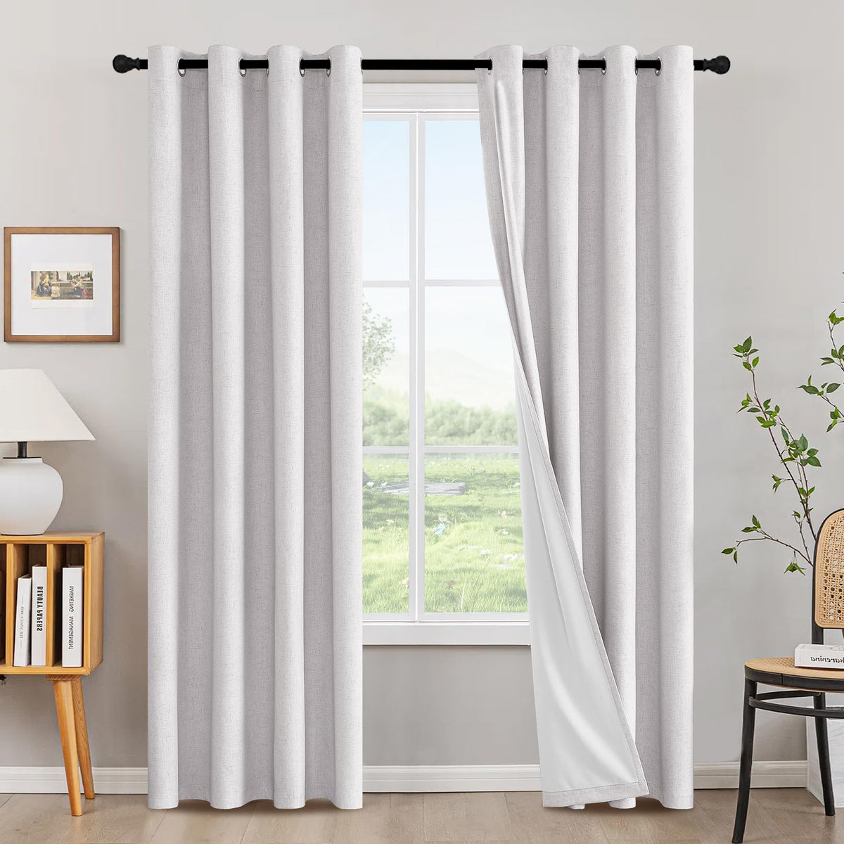 H.VERSAILTEX Linen Blackout Curtains 108 Inch Long 100% Blackout Heavy-Duty Draperies for Living Room Bedroom Thermal Insulated Textured Window Treatment Anti Rust Grommet, 2 Panels, Bright White