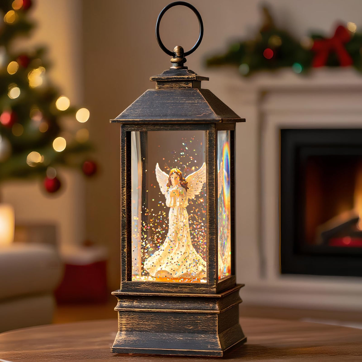 Christmas Snow Globe Lantern Water Glittering Cardinal with Music, USB Lined/Battery Operated Lighted Lantern for Christmas Festival Decoration Gifts
