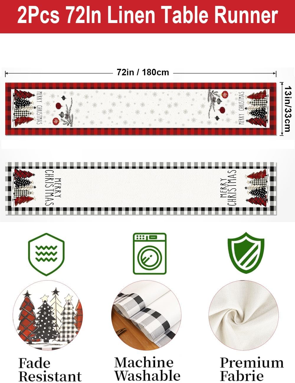 Set of 2 Christmas Table Runner, TOYPOPOR 2Pcs Buffalo Linen Christmas Trees Dining Table Runner for Xmas Holiday Seasonal Winter Decoration Indoor Outdoor Party Wedding - 72Inches