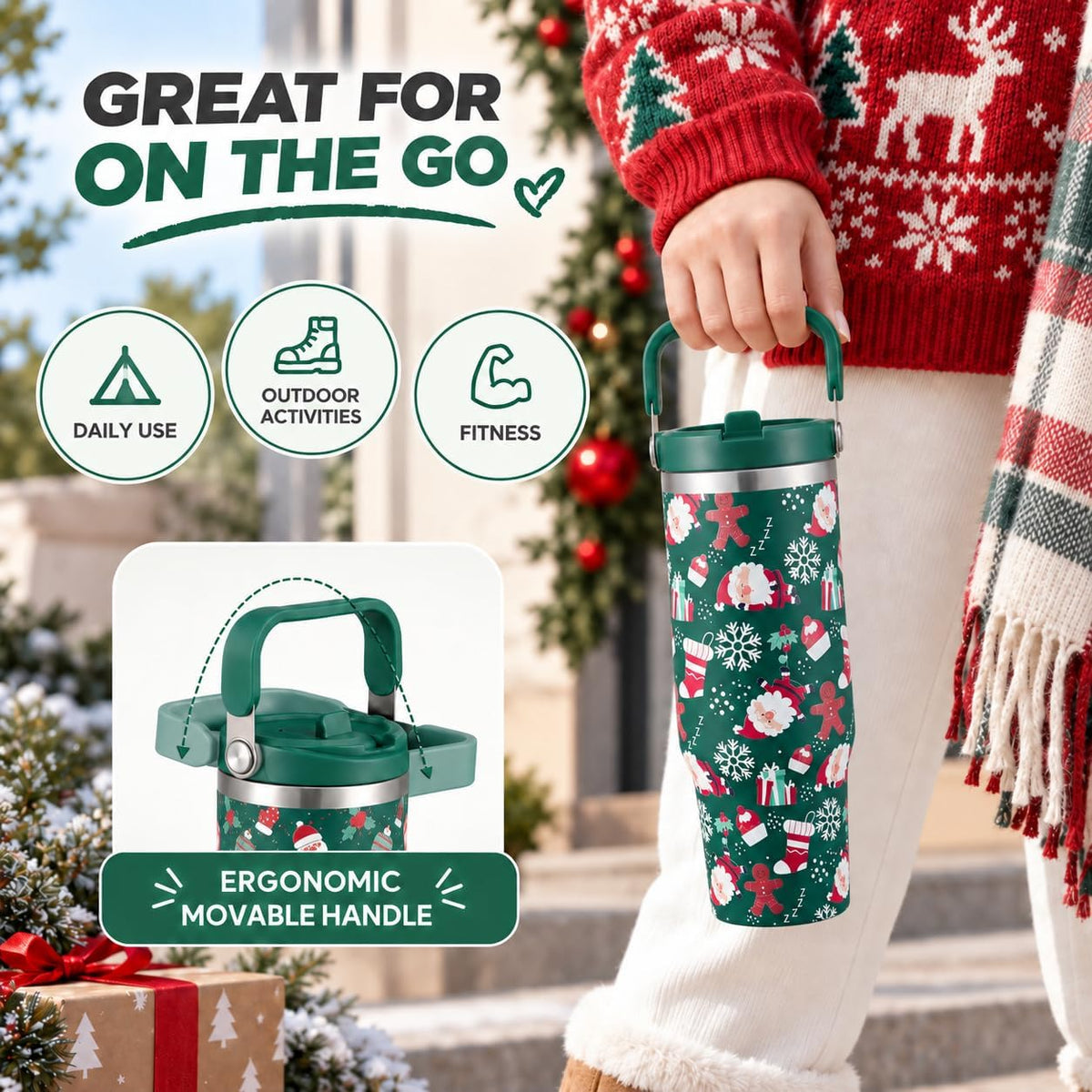TaroKitc 30 oz Christmas Insulated Tumbler with Flip Straw and Top Handle