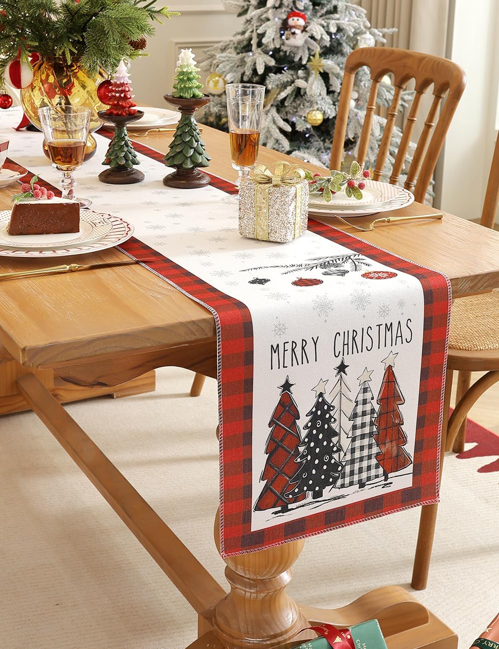 Set of 2 Christmas Table Runner, TOYPOPOR 2Pcs Buffalo Linen Christmas Trees Dining Table Runner for Xmas Holiday Seasonal Winter Decoration Indoor Outdoor Party Wedding - 72Inches