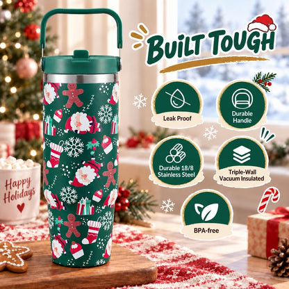 TaroKitc 30 oz Christmas Insulated Tumbler with Flip Straw and Top Handle